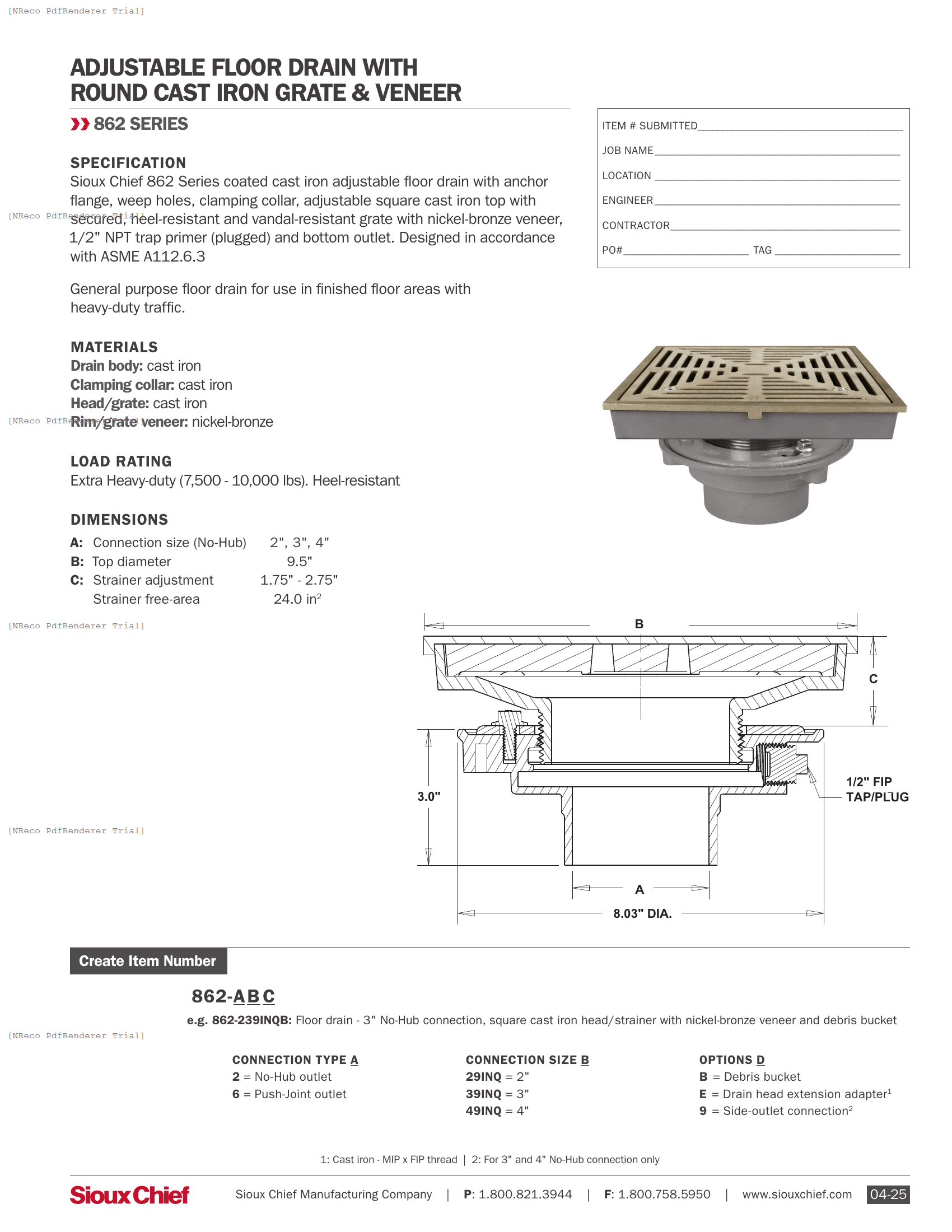 862 SERIES - ADJUSTABLE FLOOR DRAIN WITH SQUARE HD GRATE & NB VENEER - SPEC SHEET.PDF Specification Document